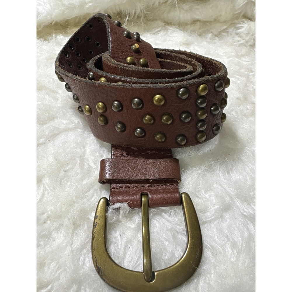 Genuine Leather Studded Belt Womens S Brown Boho Western Rocker Brass Buckle 249